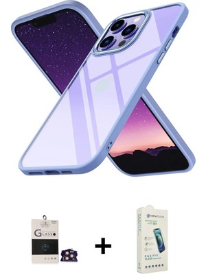 Cepte Toptan iPhone 14 Pro Max Nova Işık Serisi - Şeffaf Pasifik Cam Ekran Koruyucu + Gold Bilvis Titan Kamera Lens