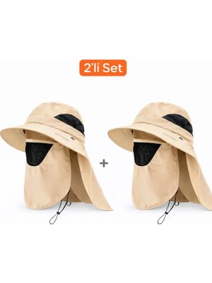 Mustran 2'li Set Uv Korumalı Sök Tak Maskeli Enseli Güneş Şapkası Unisex Outdoor Yazlık Şapka Krem