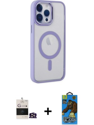 Cepte Toptan iPhone 14 Pro Max Yankı Işık Özel Seri - Siyah 18D Cam Ekran Koruyucu + Gold Bilvis Titan Kamera Lens