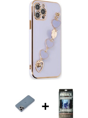 Cepte Toptan iPhone 12 Pro Nova Işık Prime - Siyah 34D Hayalet Izgaralı Cam + Mor Metal Kamera Lens Koruma Cam