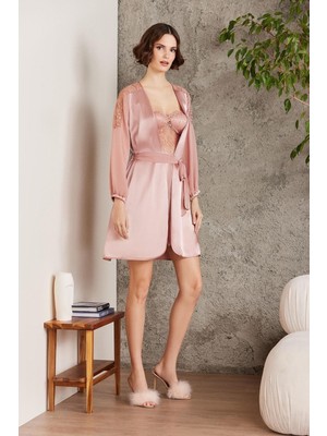 Pierre Cardin Saten Gecelik Sabahlık Pijama Şort 6'lı Gelin Çeyiz Seti Brandy 6005