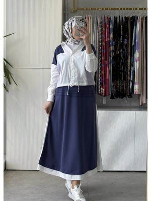 Tığ Triko Kontrast Parçalı Ayarlanabilir Bel Detaylı Gömlek Etek Takım 5098 Lacivert