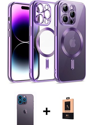 Cepte Toptan iPhone 13 Pro Max Nova Işık Özel Seri - Şeffaf Maxco Cam Ekran Koruyucu + Mavi Neon Fosforlu Kamera Lens