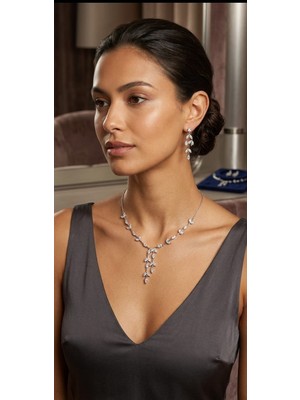 Esu Accessory Işıltılı Başak Tasarım Kristal Zirkon Taşlı Gelin Takı Seti