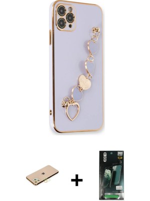 Cepte Toptan iPhone 11 Pro Nova Işık Prime - Siyah 360 Mat Full Body Arka Koruyucu + Pembe Renkli Kamera Lens Koruma Cam