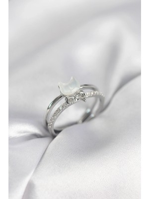 Buğz Gümüş Renk Sedefli Kedi Model Fiyonklu Zirkon Taşlı Kadın Yüzük