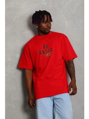 Velmora Fashion Erkek Baskılı T-Shirt Kısa Kol Bisiklet Yaka Regular Fit Tişört - Kırmızı