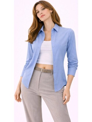 Velmora Fashion Kadın Uzun Kol Gömlek Düğmeli Klasik Yaka Günlük ve Ofis Şıklığına Uygun - Mavi