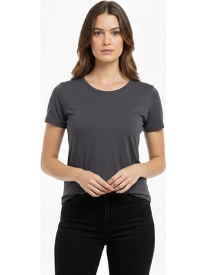 Velmora Fashion Kadın T-Shirt Bisiklet Yaka Slim Fit Likralı Tişört Yazlık Basic Body - Füme