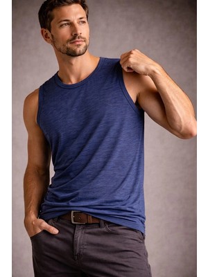 Velmora Fashion Erkek Flamlı Kumaş Kolsuz Atlet Günlük Fitness Spor T-Shirt - Indigo
