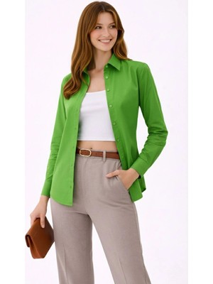 Velmora Fashion Kadın Uzun Kol Gömlek Düğmeli Klasik Yaka Günlük ve Ofis Şıklığına Uygun - Yeşil