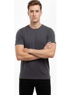 Velmora Fashion Erkek Bisiklet Yaka Slim Fit Dar Kesim Likralı Tişört - Füme