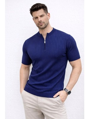 Velmora Fashion Erkek Kısa Kol Fitilli Triko T-Shirt Yazlık Hakim Yaka Tişört - Lacivert