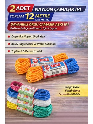 SHC4200 2 Adet Naylon Çamaşır Ipi 6 Metre Dayanıklı Örgü Çamaşır Askı Ipi Toplam 12 Metre