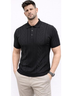 Velmora Fashion Erkek Yazlık Triko Tişört Kısa Kol Polo Yaka Düğmeli T-Shirt - Siyah