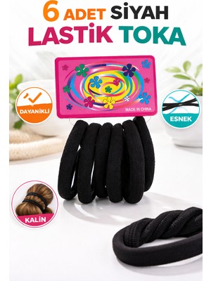 SHC4200 6 Adet Siyah Lastik Toka Kalın Saç Lastiği Dayanıklı Esnek Saç Toplama Tokası Kadın Kız Çocuk Sa