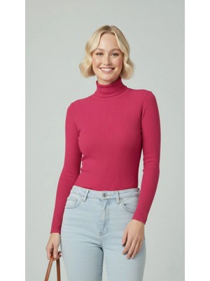 Velmora Fashion Tam Boğazlı Fitilli Likrali Kaşkorse Badi  Kazak - Pembe