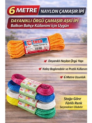 SHC4200 6 Metre Naylon Çamaşır Ipi Dayanıklı Örgü Çamaşır Askı Ipi Balkon Bahçe Çamaşır Ipi 1 Adet