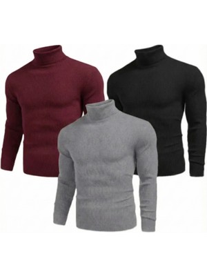 Velmora Fashion 3'lü Siyah, Bordo, Gri Kaşkorse Boğazlı Full Likralı Fitilli Body Kazak