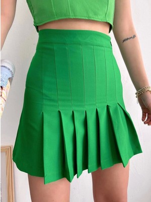 Nerm Pileli Düğmeli Etek Açık Yeşil S24811