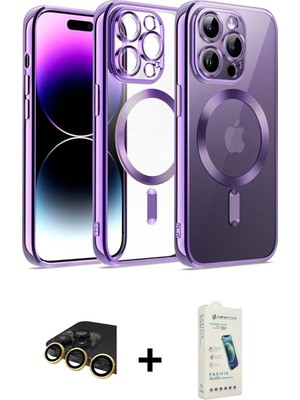 Cepte Toptan iPhone 14 Pro Nova Işık Özel Seri - Şeffaf Pasifik Cam Ekran Koruyucu + Gold Raze Metal Kamera Lens