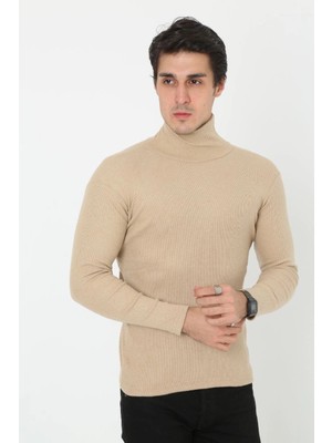 Velmora Fashion Erkek Fitilli Kaşkorse Kumaş Boğazlı Full Likralı Slimfit Body - Bej