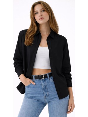Velmora Fashion Kadın Uzun Kol Gömlek Düğmeli Klasik Yaka Günlük ve Ofis Şıklığına Uygun - Siyah