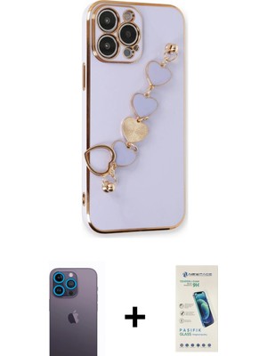 Cepte Toptan iPhone 13 Pro Max Nova Işık Prime - Şeffaf Pasifik Cam Ekran Koruyucu + Mavi Neon Fosforlu Kamera Lens