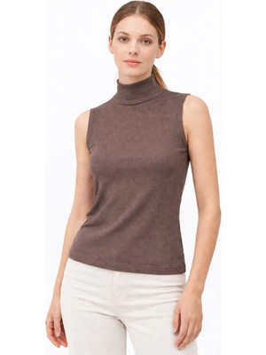 Velmora Fashion Kadın Yarım Balıkçı Yaka Fitilli Kaşkorse Atlet Şık Bluz Badi - Kahverengi