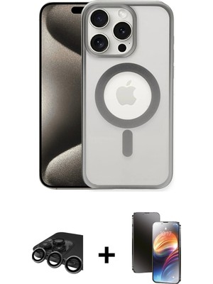 Cepte Toptan iPhone 15 Pro Max Siluet Çizgi Serisi - Siyah 3D Antistatik Mat Seramik Nano Ekran Koruyucu + Titanyum Gri Raze Metal Kamera Lens