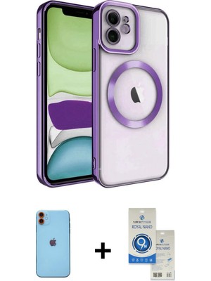 Cepte Toptan iPhone 11 Nova Işık Özel Seri - Şeffaf Royal Nano Ekran Koruyucu + Turuncu Neon Fosforlu Kamera Lens