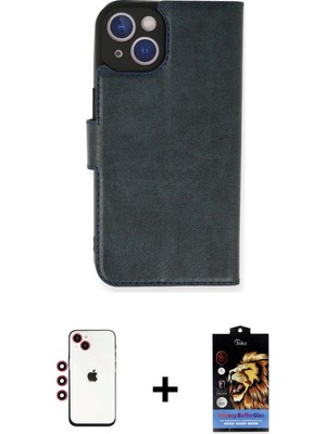 Cepte Toptan iPhone 14 Siluet Işık Serisi - Siyah Buffer Hayalet Cam Ekran Koruyucu + Kırmızı Shine Kamera Lens