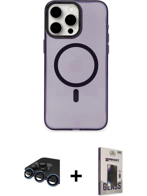 Cepte Toptan iPhone 15 Pro Eksen Işık Prime - Siyah Bilvis Hayalet Cam Ekran Koruyucu + Lacivert Raze Metal Kamera Lens