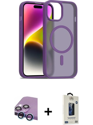 Cepte Toptan iPhone 14 Siluet Minimal Prime - Siyah Bilvis Hayalet Cam Ekran Koruyucu + Mavi Raze Metal Kamera Lens