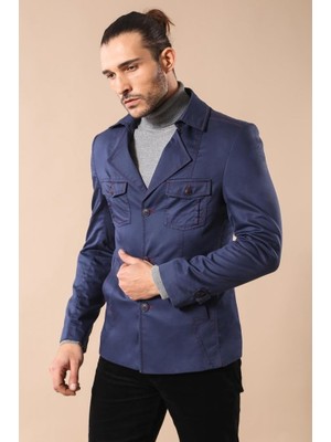 Wessi Erkek Pamuk Safari Model Trençkot Uzun Kol Düz Lacivert Slim Fit Tasarım