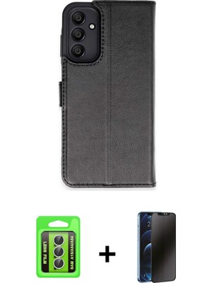 Cepte Toptan Galaxy A15 4g Siluet Işık Serisi - Siyah 3D Antistatik Hayalet Cam Ekran Koruyucu + Gümüş Raze Metal Kamera Lens