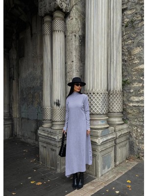 Nerm Boğazlı Kalın Bürümcük Uzun Elbise Gri