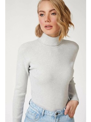 Velmora Fashion Kaşkorse Boğazlı Full Likralı Fitilli Body Kazak - Gri -