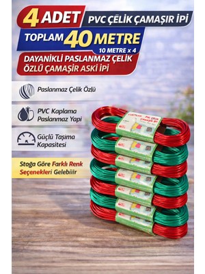SHC4200 4 Adet Pvc Çelik Çamaşır Ipi 10 Metre Dayanıklı Çelik Özlü Çamaşır Askı Ipi Toplam 40 Metre