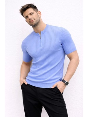 Velmora Fashion Erkek Kısa Kol Fitilli Triko T-Shirt Yazlık Hakim Yaka Tişört - Bebek Mavisi