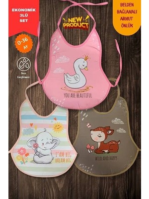 Babyzey 3'lü Set Kız Baskılı Ekonomik Sıvı Geçirmez Armut Önlük Mama ve Aktivite Önlüğü(0-36 Ay)