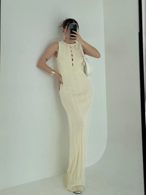Velmora Fashion Kalın Fitilli Uzun Triko Elbise - Kırık Beyaz -