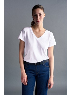 Basic Lightweight V Yaka Kadın T-Shirt - Beyaz