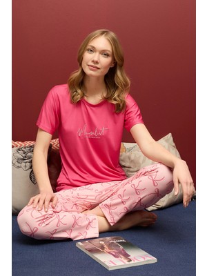 FullaModa Fiyonk Desenli Bisiklet Yaka Pijama Takımı