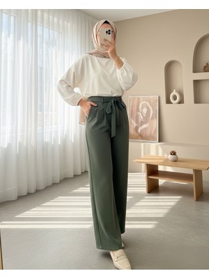 Modamorfo Beli Lastikli Bağlamalı  Bol Paça Pantolon  -Haki