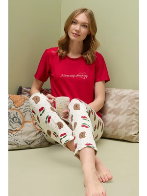FullaModa Kiraz Desenli Bisiklet Yaka Pijama Takımı