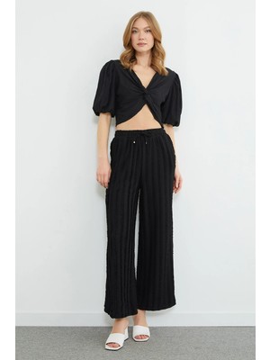 FullaModa Beli Lastikli Krep Kumaş Cepli Pantolon