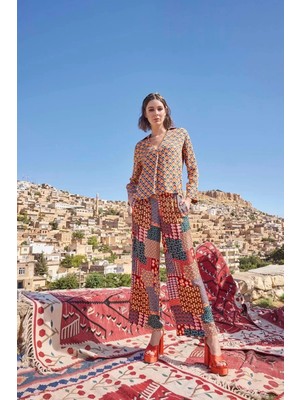 Etnik Desenli Saten Alt Üst Takım