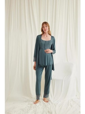 Dantelli Önü Düğmeli Hamile Lohusa 3'lü Viskon Pijama Takımı