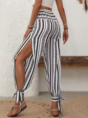 Amara Boutique Kadın Yüksek Bel Desenli Paçadan Bağlamalı Yanları Yırtmaçlı Süprem Pantolon